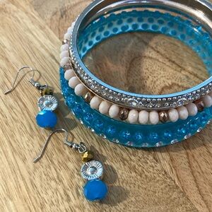 2/$6 Turquoise & beaded Boho bracelets & matching drop earrings set silvertone